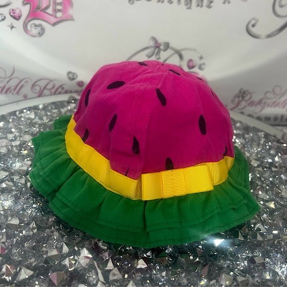 watermelon hat 🍉👒 baby 0-6 months pink black green yellow ribbon bow tie 🎀 - Picture 1 of 10